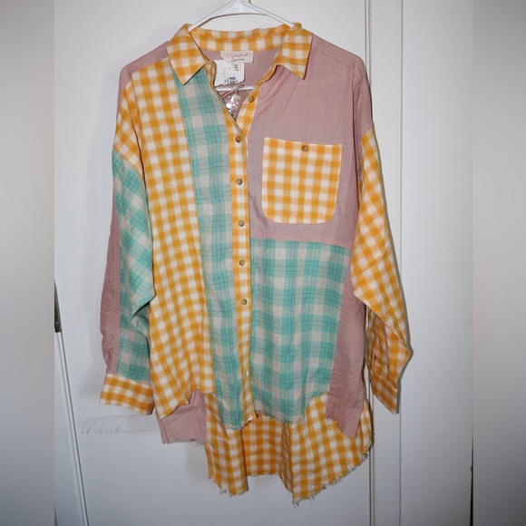 Pink and yellow checkered oversized button-up shirt - Picture 3 of 5